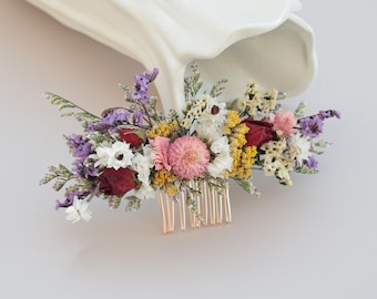 Dried rose hair comb. Little Daisy Bride Hair Comb. Bohemian wedding hair accessories. Girl's hair comb. Mixed color hair comb