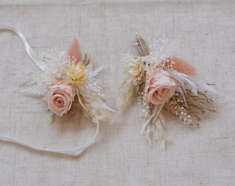 Pink Preserved Rose Corsage, Pampas Rabbit Tail Dry Flower Bridesmaid Corsage, Bohemian Wedding Wrist Flower