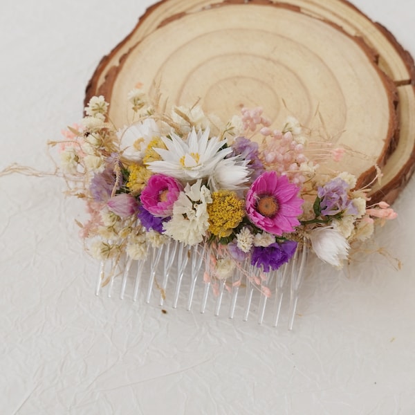 Pink Daisy Dry Flower Hair Comb, Bohemian Wedding Bride Comb, Spring Colorful Girl Hair Comb, Headwear