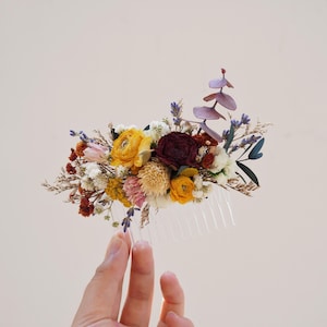 Peigne à cheveux de fleurs séchées de mariage d'automne, peigne à cheveux de mariée respirante, peigne à fleurs séchées de fleurs sauvages de campagne, boutonnière et corsage
