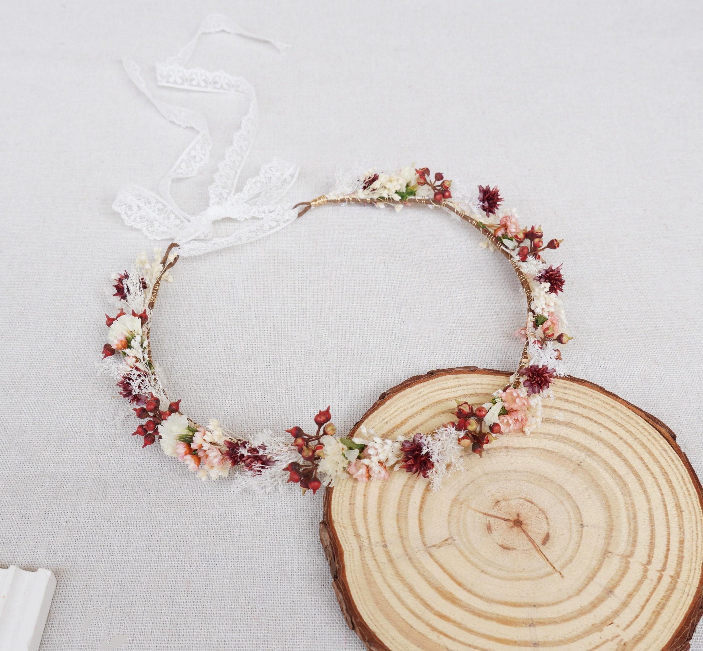 Dried Flower Crown, Bohemian Wedding Bride Crown, Pink+White+Red Mixed Wildflower Crown, Children's Crown, Flower Girl Crown, Fairy Crown