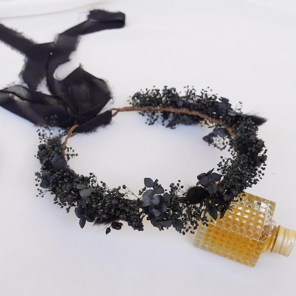 Gothic Wedding Dried Flower Black Theme Crown, Halloween Crown, Black Bride Crown, Girl Crown, Dried Flower Crown