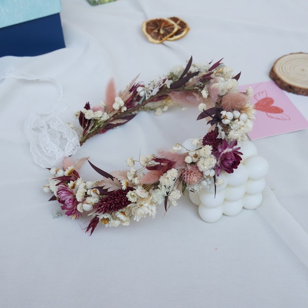 Couronne de fleurs séchées à l'haleine de bébé, couronne de mariée de fleurs séchées bordeaux + crème + blush rouge, coiffure de mariage bohème, bague pour cheveux fille