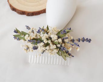 Lavender+Baby Breath+Eucalyptus Dried Flower Hair Comb, Bohemian Wedding Bridal Hair Comb, Sage Green+Purple Country Wedding Hair Comb