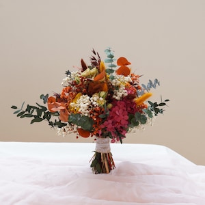Burnt orange+wine red themed dried flower bridal bouquet, Bohemian eucalyptus leaf dried bouquet, rural wedding baby breathing bouquet
