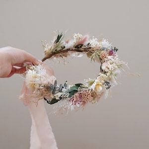 Wildflower mixed dried flower crown, sage green+pink+cream mixed crown, Bohemian bride crown, baby breathing crown, children&#39;s crown