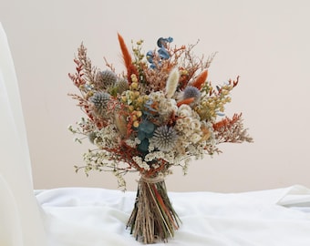 Terracotta&Burnt Orange Theme Dried Flowers Bridal Bouquet, Autumn Wedding Bouquet, Natural Thistle Eucalyptus Leaf Mixed Wedding Bouquet