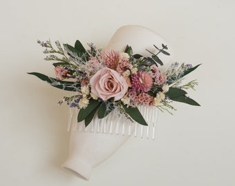 Pink rose dry flower hair comb. Pink Blush Cream Blended Dry Flower Bride Hair Comb. Eucalyptus Leaf Baby Breathing Girl Comb
