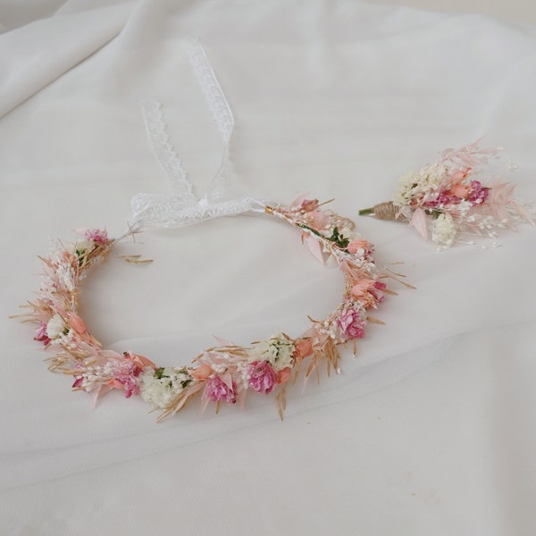 Peach powder blusher pink mixed with dried flower fairy crown, Bohemian wedding bride crown, photo hair accessories, children crown