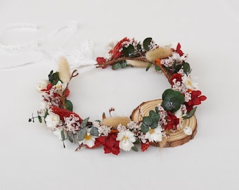 Winter Christmas Theme Colors Dried Flower Crown, Red+Green+White Mixed Wedding Crown, Bridal Crown, Girl Crown, Children's Crown