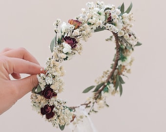 Baby's Breath + Sage Green Bridal Crown Gypsophila + Burgundy Rose floral crown Dried Flower hair wreath Bridesmaid headpiece