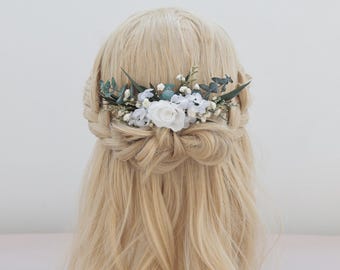 White Hydrangea & Rose Wedding Hair Comb/Eucalyptus Bridal Hairpiece Floral Bridal Comb