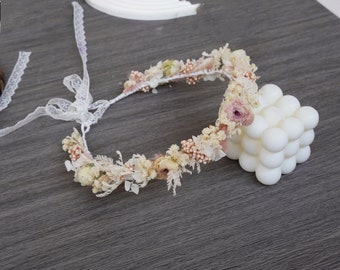 Blush dried flower bride crown, Bohemian wedding dried flower crown, cream+white flower girl crown, fairy crown