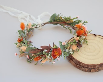 Burnt Orange Dried Flower Crown, Autumn Wildflower Wedding Headpiece