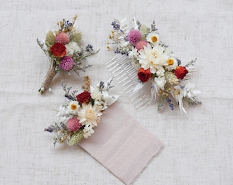 Daisy dried  flower hair comb. Bohemian wedding bride hair comb.Dried rose lavender hair comb. Blush+Cream Mixed Hair Comb&boutonniere