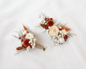Burnt Orange Echinops Dried Flower Comb, Autumn Wedding Dried Flower Decoration, Bohemian Bridal Hair Clip, Boutonniere&Corsage