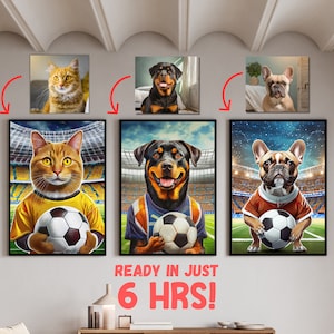 Portraits d'animaux de compagnie personnalisés, portrait de chien de footballeur drôle, portrait de chat de footballeur, cadeau pour amoureux du football, chiens mignons, art animalier sportif, décoration pour fan de football