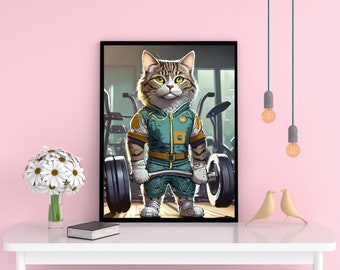 Inspirational Pet Square Print Funny Motivational Poster Powerlifting Cat Art for Fitness Outdoors Lover - Gift for Cat Lover Gifts Gym Bro