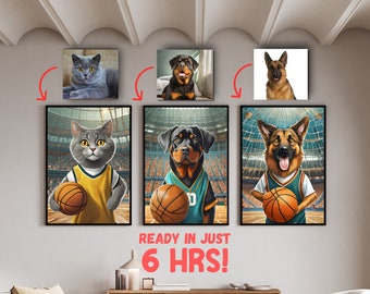 Custom Pet Basketball Portrait, Funny Basketball Dog, Basketball Unique Cat Portrait, Basketball Lover Gift, Cute Dogs, Decor Basketball Fan