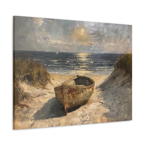 Summer Beach Ready to Hang Canvas Print Wall Art Nautical Row Boat by the Ocean Oil Painting Print Beach House Housewarming Gift Add Depth