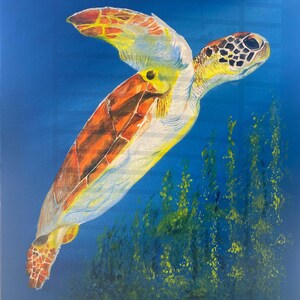 May include: A vibrant painting of a sea turtle swimming in a deep blue ocean. The turtle features a detailed shell with brown, orange, and yellow patterns. The artwork includes yellow and green aquatic plants.