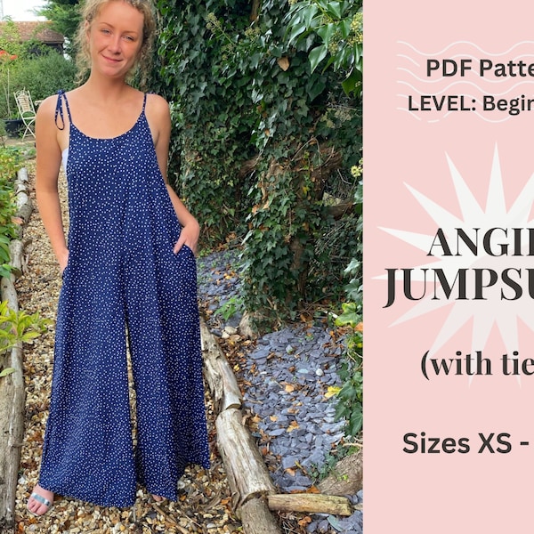 Angie Jumpsuit with Ties Sewing Pattern PDF, XS-XXL Easy Instant Printable Download Women's Overall Summer Dungarees, Loose Wide Leg Romper