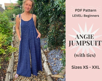 Angie Jumpsuit with Ties Sewing Pattern PDF, XS-XXL Easy Instant Printable Download Women's Overall Summer Dungarees, Loose Wide Leg Romper