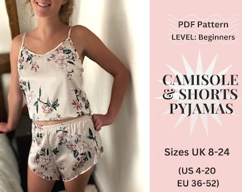 May include: A PDF sewing pattern for a white floral print camisole and shorts pajama set. The pattern is for beginners and includes sizes UK 8-24, US 4-20, and EU 36-52.