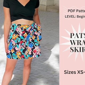 Peut inclure: Un patron de couture PDF pour une jupe portefeuille appelée "Patsy Wrap Skirt". Le patron est destiné aux débutants et comprend les tailles XS-XXL. L'image montre un mannequin portant une jupe portefeuille noire à imprimé floral.
