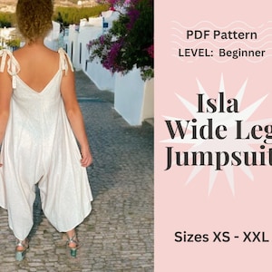 Isla Wide Leg Jumpsuit with Shoulder Ties Sewing Pattern PDF, XS-XXL Easy Sew Instant Printable Download Women's Summer Dungarees Romper