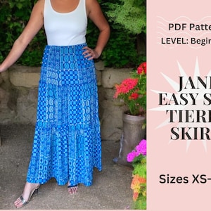 Jane Easy Sew Tiered Skirt Sewing Pattern PDF, XS-XXL Easy Instant Printable Download Women&#39;s Midi Maxi Summer Casual Vacation Holiday Skirt