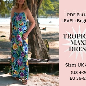 Tropical Maxi Dress PDF Sewing Pattern, Instant Printable Download Summer Holiday Vacation Cruise Wear, Easy Beginner Level Long Cover Up