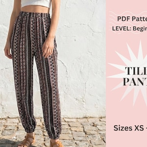 May include: Brown and black patterned Tilly Pants. The pants have a vertical stripe design with geometric accents. The PDF pattern is for beginners and comes in sizes XS-XXL.