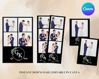 Photobooth Hochzeitsvorlage Schwarzweiß 2x6, 4x6 und 3x4 | Bearbeitbare Canva Vorlage Photo Booth Digitale Vorlage Streifen 4R Polaroid