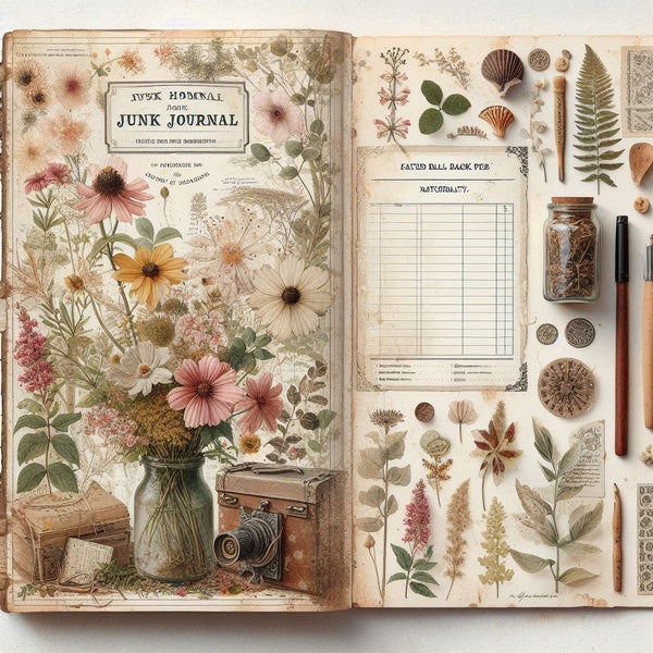 Druckbares Junk Journal Kit - Naturforscher, Flora, Blumen, Botanisch, Natur - Faded Blank Page Edith Holden Style - Pflanzlich