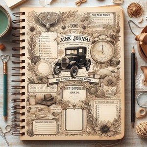 May include: A vintage-style journal with a brown cover and a spiral binding. The cover features a variety of illustrations, including a car, a clock, flowers, and a quote that says "Cozy ay porch!" and "Junk Journal".
