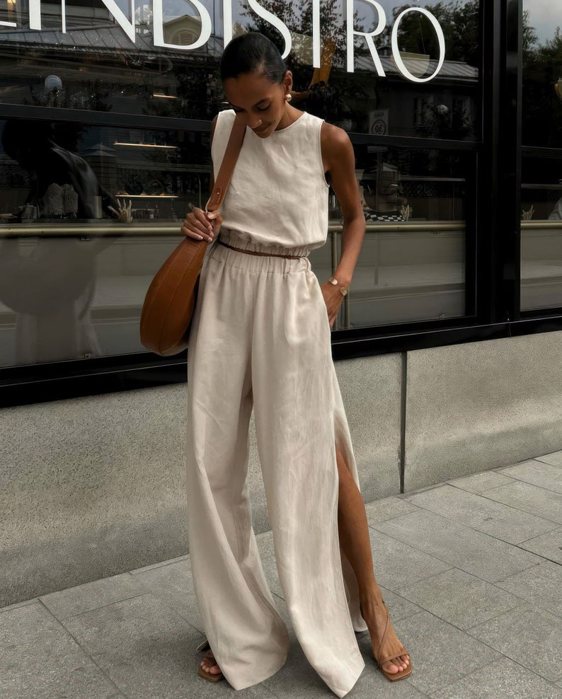 Linen Two-Piece Sleeveless Crop Top and Wide-Leg Pants Set main image 1