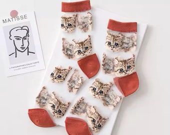 Nylon Cat Socks sheer transparent embroidered tulle and knit mixed cats  mesh socks Socks for Summer For her thin socks