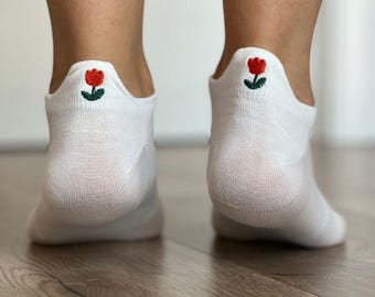 Floral Socks | Low Ankle Socks | Flower Socks | White Socks | Cute | Embroidery Socks | Colourful Socks |