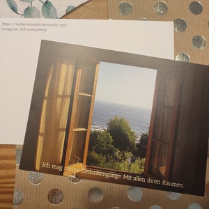 Grußkarte, Reisen, Motivation, self-care, Selbstliebe, mental health, Postkarte, poetischer Spruch, Sprüche, Poesie, poetry slam, Fenster,