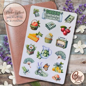 Hoja de pegatinas con decoración de verano de cuadros verdes para scrapbooking / Decoración de verano, pegatinas de planificador con estampado floral / el mejor regalo para diario