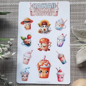 Hoja de pegatinas de café de verano kawaii para álbumes de recortes, pegatinas bonitas para planificador, decoración de bebida acogedora para bullet journal, suministros para diario, regalo