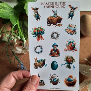 Adesivi di Pasqua in fattoria. Bellissimi adesivi con coniglietti, pecore e fiori per un'atmosfera primaverile, perfetti da usare per lo scrapbooking.