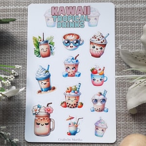 Foglio di adesivi kawaii con bevande tropicali per scrapbooking e planner / Adesivi carini per bevande estive / Articoli decorativi per lavoretti creativi per la scrittura di diari