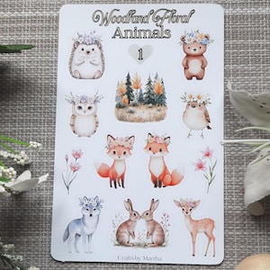 Hoja de pegatinas de animales del bosque floral para scrapbooking / pegatinas de diario para bullet journal / el mejor regalo de cumpleaños para mamá artesana