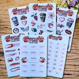 Kit de pegatinas para scrapbooking con temática de café en acuarela roja / Para decorar tu diario / Ideal para amantes del café / El mejor regalo de cumpleaños para mamá