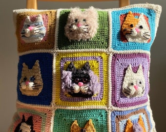 Crochet Cat Pillow Cover: Handmade Granny Square Throw Pillow