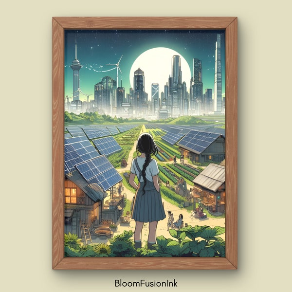Solarpunk city poster, solarpunk, city posted, futuristics, ecological, digital art