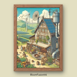 Solarpunk digital art coffee farm poster, coffee, futuristic, ecological, coffee roasting
