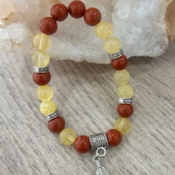 Bracelet en pierres semi-précieuses, jaspe rouge et citrine, femme, fait main